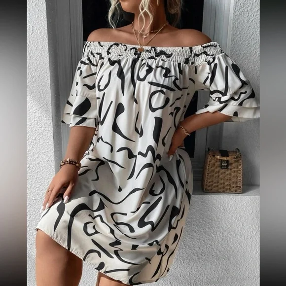 Boho plus size off shoulder flounce sleeve dress - Picture 6 of 12